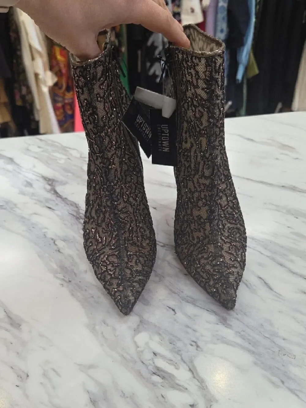Christian Louboutin Metallic Gold and Black Lace Pointed-Ankle Boots